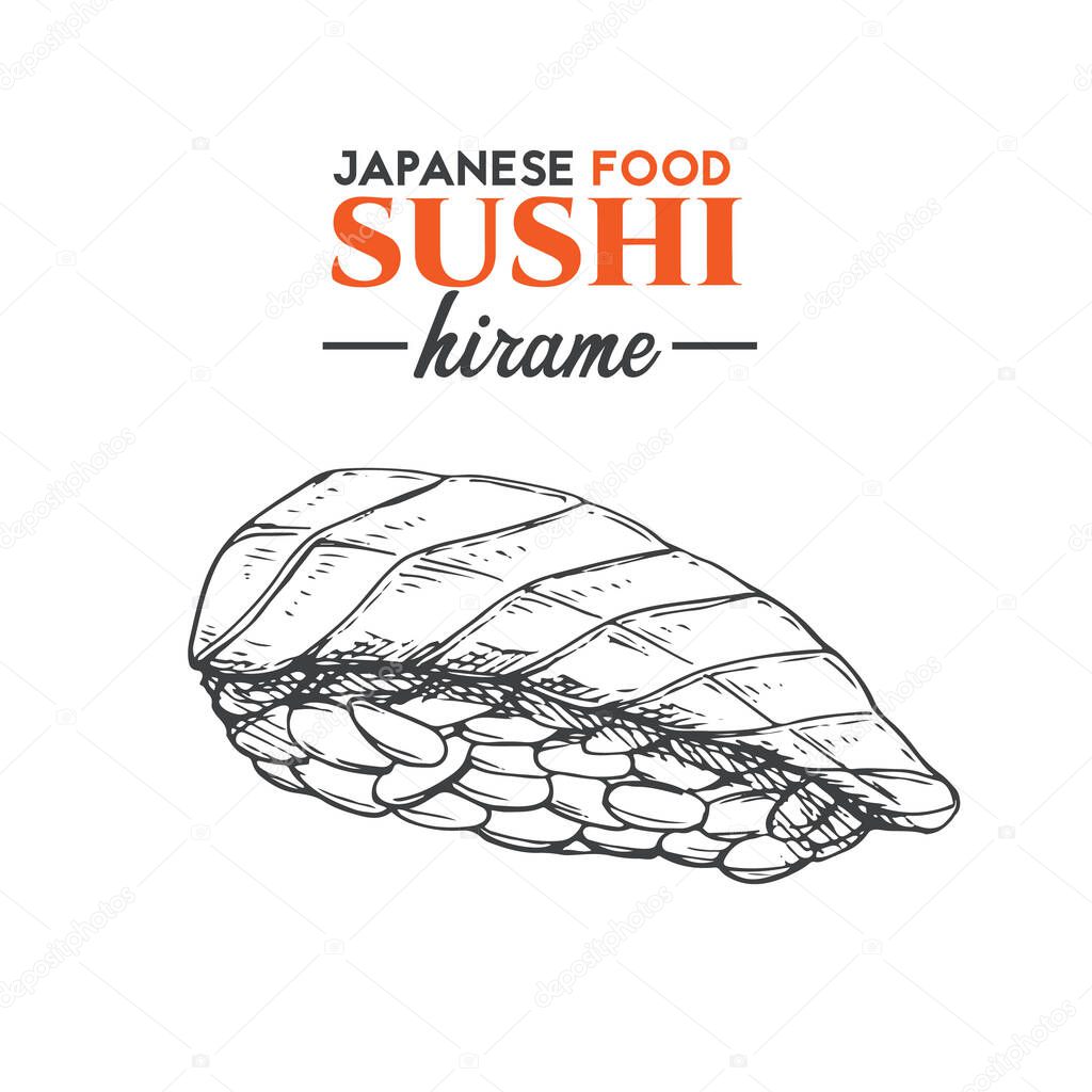 Hirame sushi sketch. Japanese traditional food icon. Isolated hand drawn vector illustration.