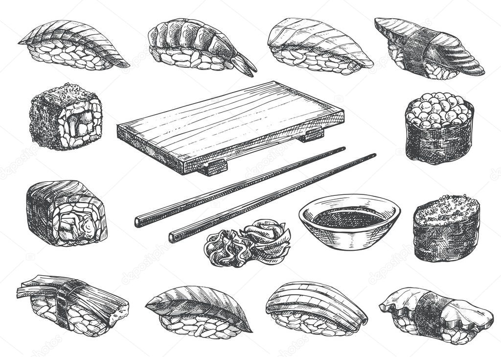 Set sketch sushi roll, wooden geta and chopstick. Japanese traditional food icon. Isolated hand drawn vector illustration.