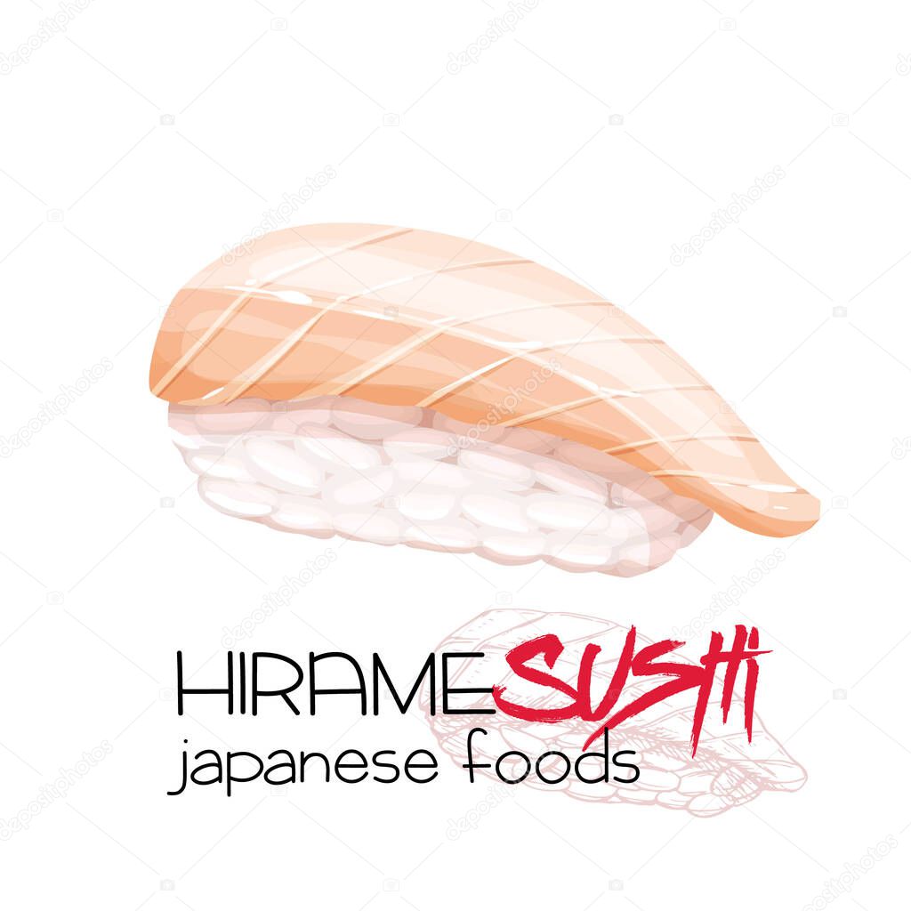 Hirame sushi. Japanese traditional food icon. Isolated vector illustration.