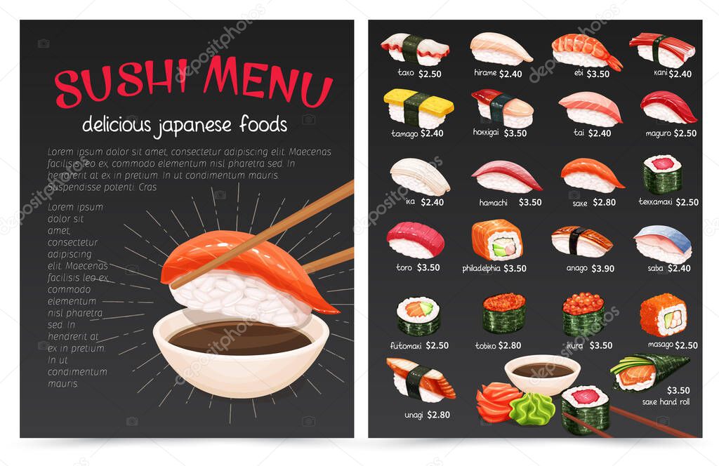 Vector sushi bar munu. Japanese food illustration for sushi rolls shop.