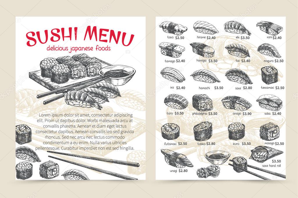 Vector hand drawn sushi bar munu. Japanese food sketch illustration for sushi rolls shop.