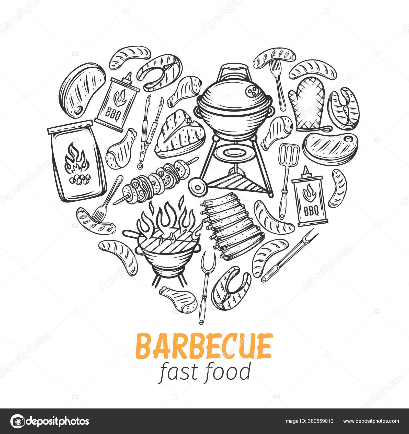 Barbacoa Dibujado Mano Banner Forma Corazón Cartel Del Partido Barbacoa  Vector de stock #380559010 de ©tory, image size:1600x1700
