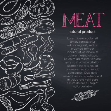Eskiz gastronomik et ürünleri olan bir poster. Dekoratif vektör, et üretimi, broşürler, pankart, menü ve pazar için geçmişe dönük olarak izole edilmiş bir illüstrasyondur. Tebeşir biçimi.