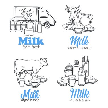 Süt ürünü afişleri şablonu. Çiftlik pazarı tasarımı için doğal süt ürünleri içeren vektör illüstrasyon. El çizimi biçimi.