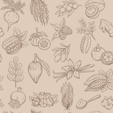 Vektör çizimi, süper yiyeceklerin kusursuz desenleri. Tasarım pazarı için sağlıklı detoks doğal ürün illüstrasyonu. Retro biçimi.