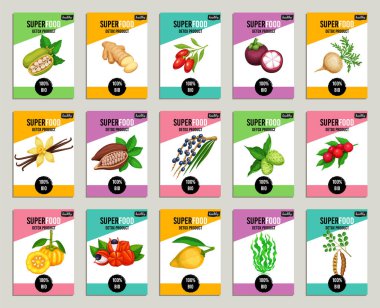 Vektör süper yiyecek afişleri hazır. Kamuflaj, garcinia cambogia ve maca 'nın sağlıklı detoks doğal ürünü. Keçiboynuzu, zencefil, moringa, lucuma, coji üzümü, mangosteen, acai, guarana ve noni.
