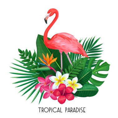 Vector tropical banner. Summer design for advertising with flamingo, tropical leaves and flowers. Image with strelitzia, plumeria, jungle exotic leaf, hibiscus, monstera, plumeria and exotic bird. clipart
