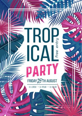 Vektör tropikal parti posteri. Tropikal çiçekli ve yapraklı yaz tatili afişi. Ormandaki egzotik yaprak, palmiye ve canavar resimleri..