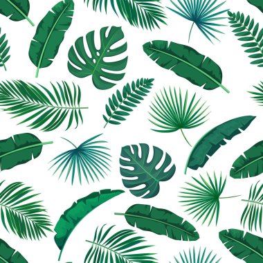 Vector green tropical leaves seamless pattern. Jungle exotic banana leaf, philodendron, areca palm and royal fern. Background summer tropical paradise design vacation. clipart