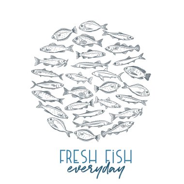 Vector yuvarlak el çizilmiş balık. Çipuralı deniz ürünleri, uskumru, tunny veya sterlet, morina balığı ve halibut tasarla. Çizgi ikonu tilapia, okyanus levreği, sardalya, ançüez, levrek ve dorado. Retro biçimi.