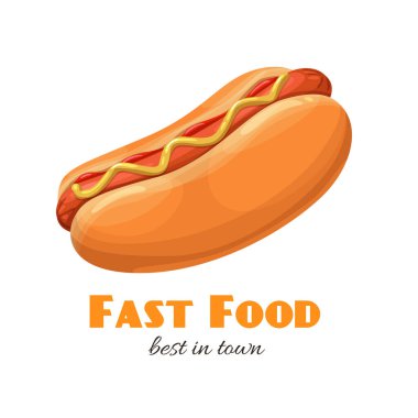 Ketçap ve hardallı sosisli sandviç. Tasarım sokak kafesi için ikon fast food. Çizgi film biçimi.