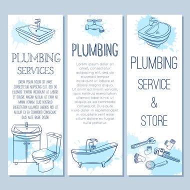 Tesisat servis afişleri. El yapımı duş, banyo lavabosu, tuvalet, hijyenik anahtar ve tesisat tasarımı için musluk. Suluboya damlalarıyla çizim vektörü çizimi.