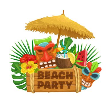 Vektör Hawai plaj partisi afişi. Tiki kabile maskesi, ahşap tabela, saman şemsiye, kokteyl pina colada, karpuz, meşale ve amber çiçeği..
