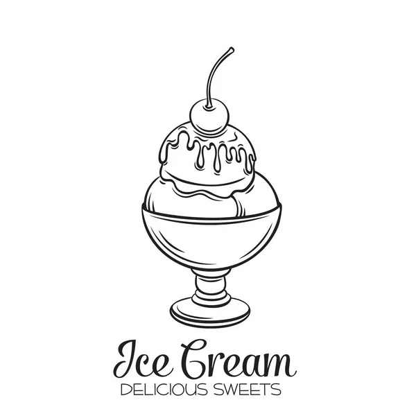 向量手绘冰淇淋球在玻璃碗与樱桃和糖浆甜点图标徽章设计菜单咖啡店 标签和包装 复古风格 — 图库矢量图片