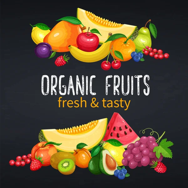 Gyümölcs Bannerek Vektortervezés Egészséges Ételek Narancs Vagy Görögdinnye Avokádó Dinnye — Stock Vector