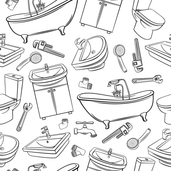 Plomberie Motif Sans Couture Douche Dessinée Main Lavabo Clé Sanitaire — Image vectorielle