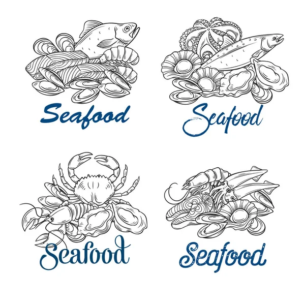 Vector Banner Hand Drawn Seafood Mussel Fish Salmon Shrimp Lobster — Stock Vector