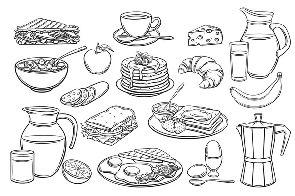 病媒手绘一套早餐图标 咖啡壶 三明治和煎蛋 面包加果酱 羊角面包 奶酪和牛奶片 用于设计市场产品 — 图库矢量图片