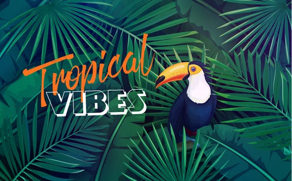 Vector summer tropical background with leaves and toucan. Concept with jungle banana leaf, exotic bird and areca palm for advertising vacation.