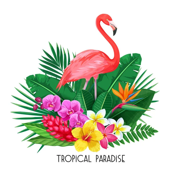 Bandiera Tropicale Vettoriale Design Estivo Pubblicità Con Fenicottero Foglie Tropicali — Vettoriale Stock