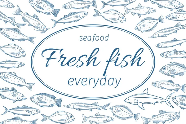 Vector Poster Handgezeichnete Fische Seitendesign Meeresfrüchte Mit Dorade Makrele Thunfisch — Stockvektor