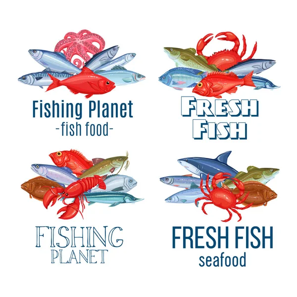 Set Vector Banners Fish Seafood Labels Design Salmon Anchovy Codfish — Stock Vector