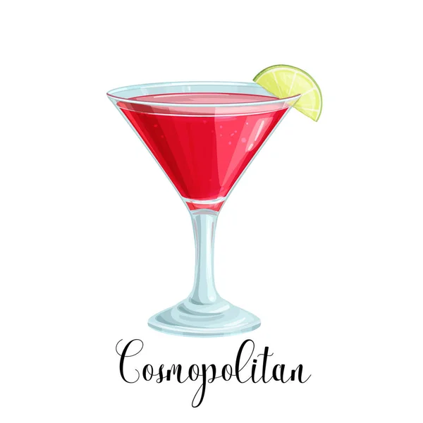 Bicchiere Vettoriale Cocktail Cosmopolita Con Fetta Calce Isolata Bianco Illustrazione — Vettoriale Stock