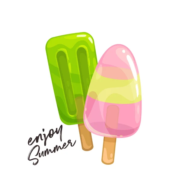 病媒果冰图标 街道食品广告用的棒子上的夏季彩色甜点 — 图库矢量图片
