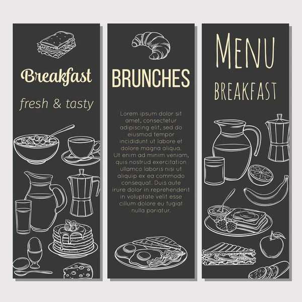Frühstücksvorlage Vektor Banner Handgezogene Kanne Milch Kaffeekanne Tasse Saft Sandwich — Stockvektor