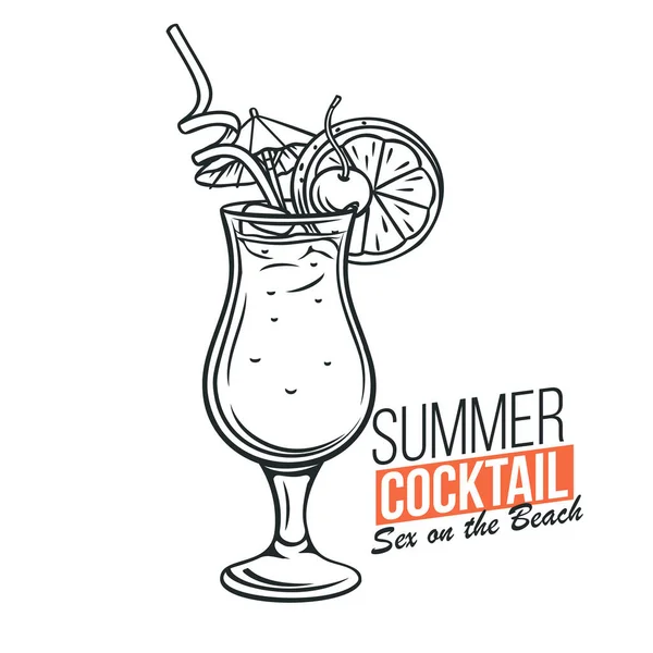 海滩上的矢量性酒杯 热带鸡尾酒 复古手绘风格 复古图例夏季酒精饮料 — 图库矢量图片