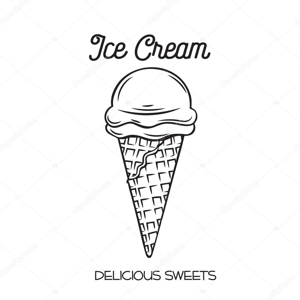 Vector hand drawn ice cream cone icon badge for design menu cafe, label and packaging. Retro style.