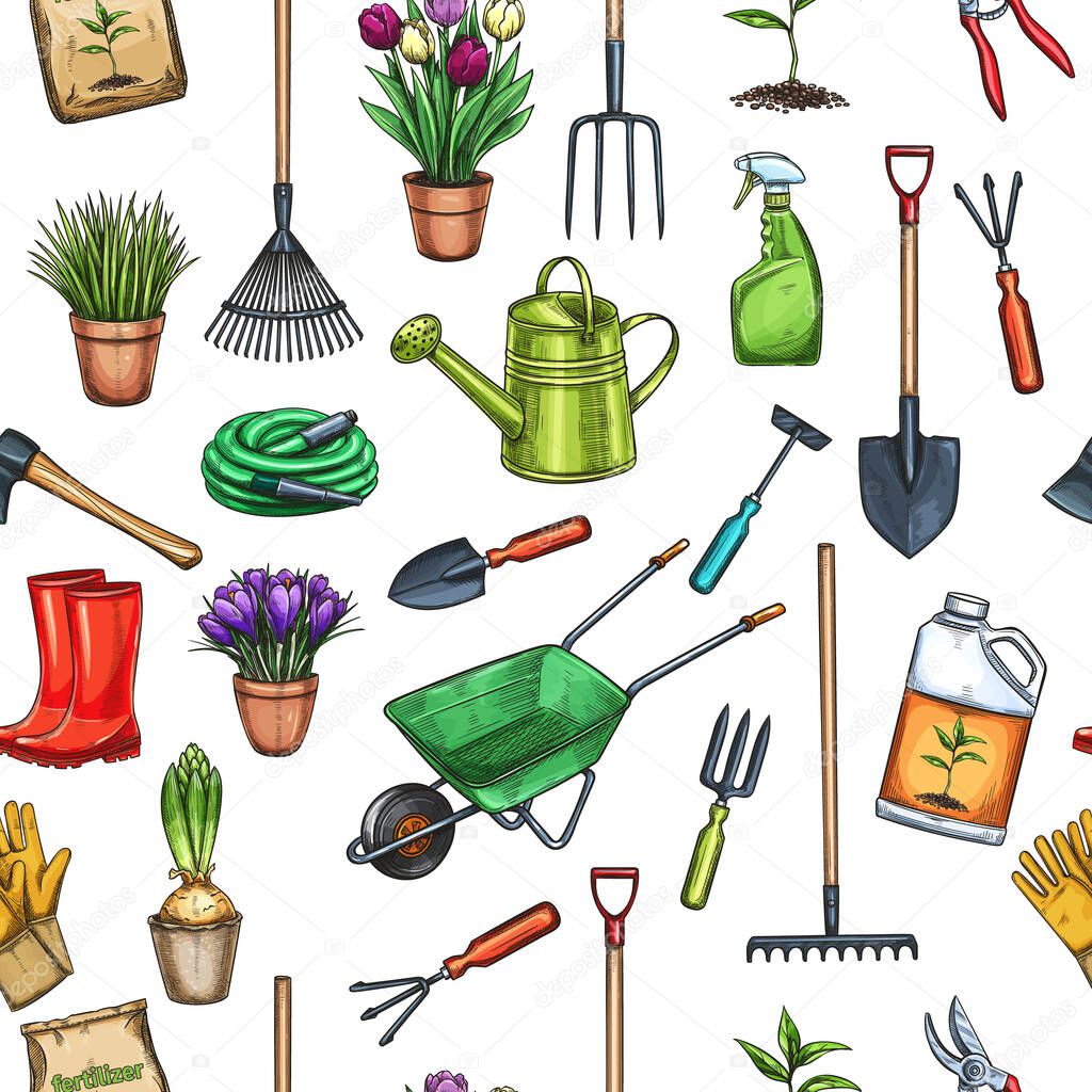 Vector hand drawn seamless pattern gardening with tools, flowers , Rubber boots, seedling, tulips, gardening can or fertilizer, glove, crocus and etc. for design garden center.