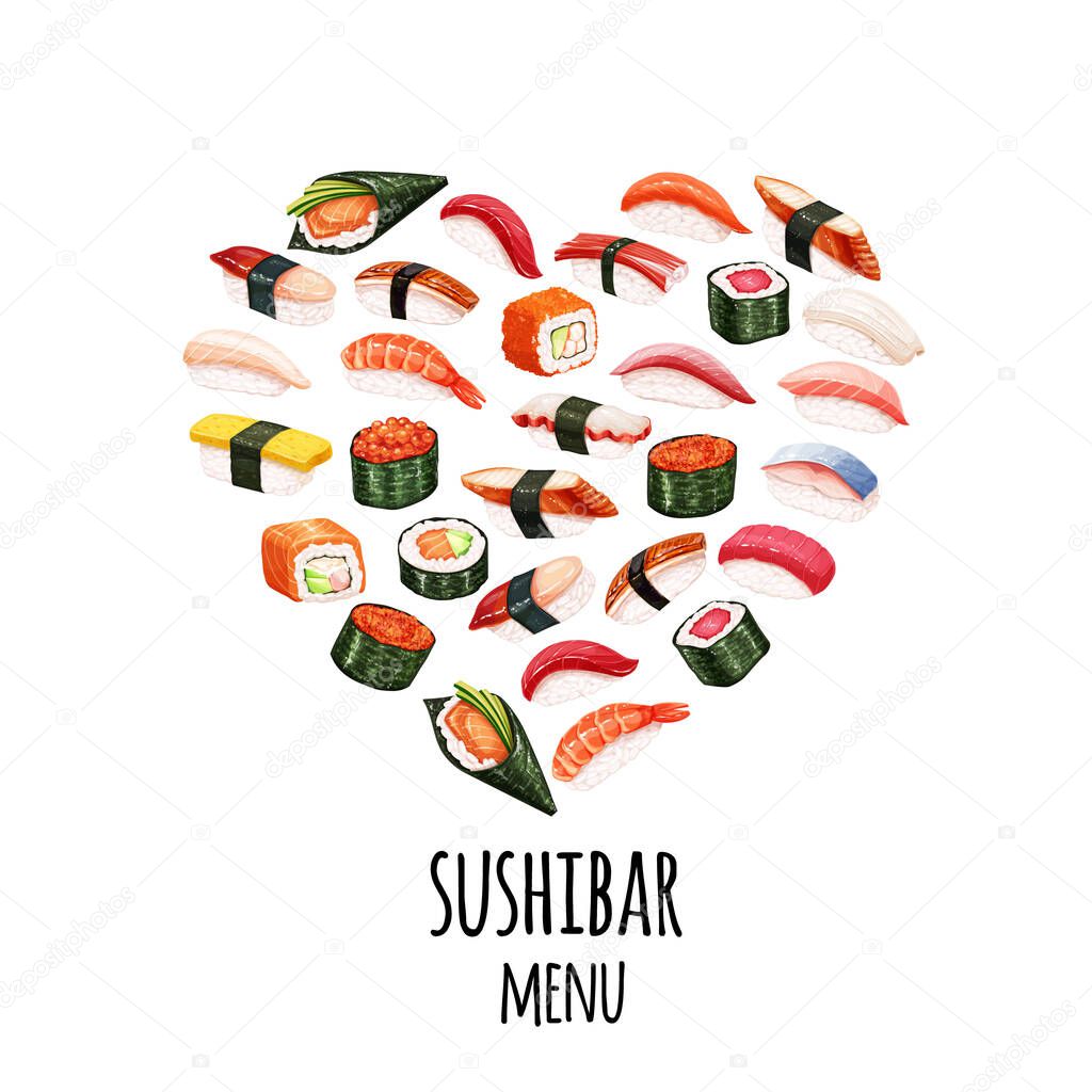 Japanese food banner or poster for seafood sushi rolls shop design. Vector illustration.
