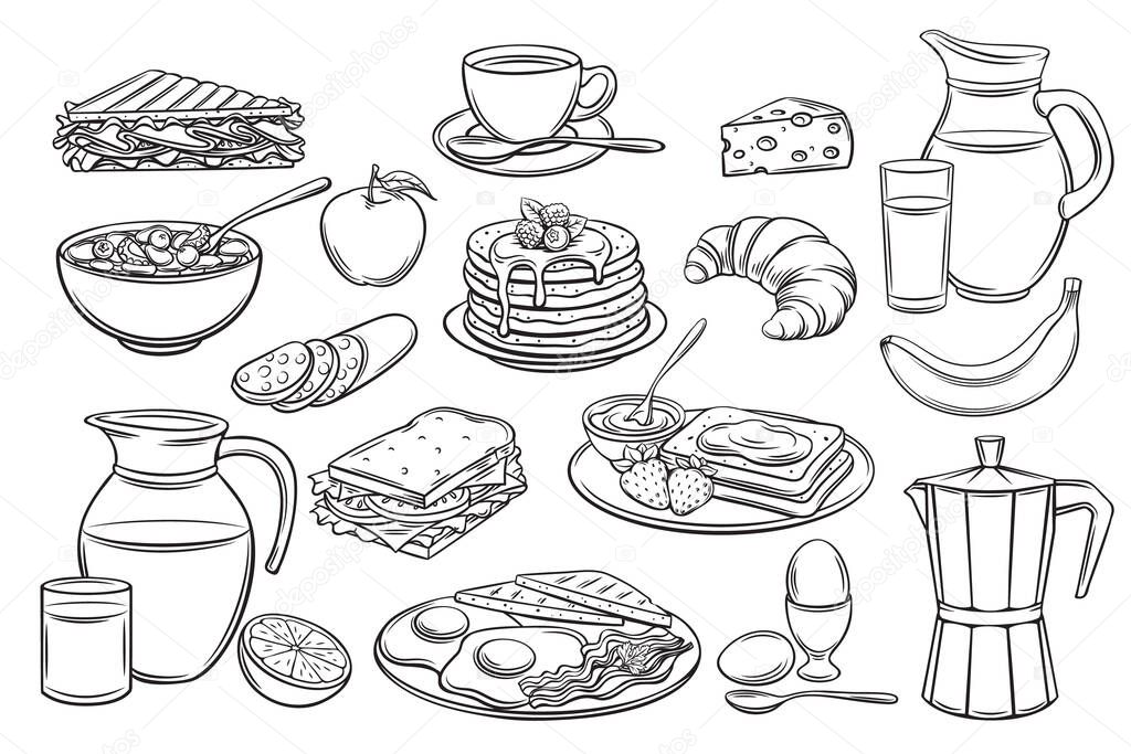 Vector hand drawn set breakfast icons. Jug of milk, coffee pot, cup, juice, sandwich and fried eggs. Pancakes, toast with jam, croissant, cheese and flakes with milk for design market product.