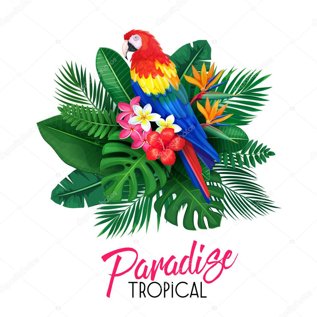 Vector tropical banner. Summer design for advertising vacation with parrot, exotic leaves and flowers. IConcept with exotic bird, strelitzia, areca palm, leaf monstera, hibiscus and plumeria.