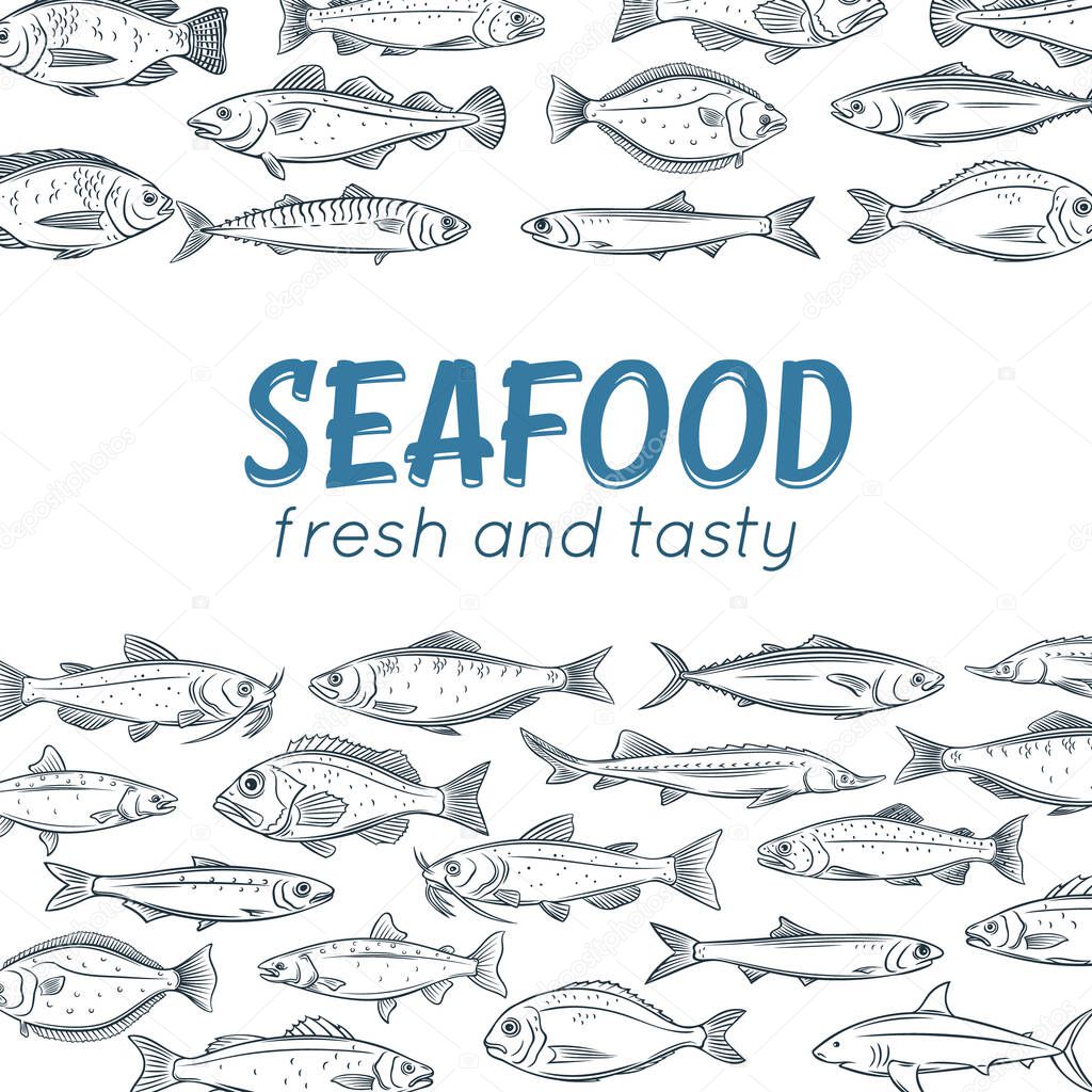 Vector poster hand drawn fish. Page design seafood with bream, mackerel, tunny or sterlet, codfish and halibut. Outline icon tilapia, ocean perch, sardine, anchovy, sea bass and dorado. Retro style.