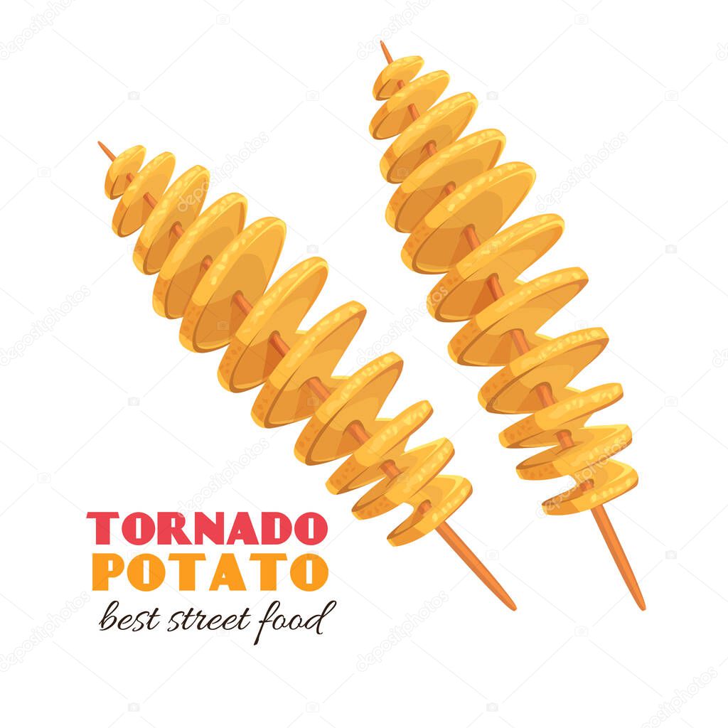 Twisted spiral chips. Vector tornado potato. Illustration fast food for design street cafe or takeaway food.