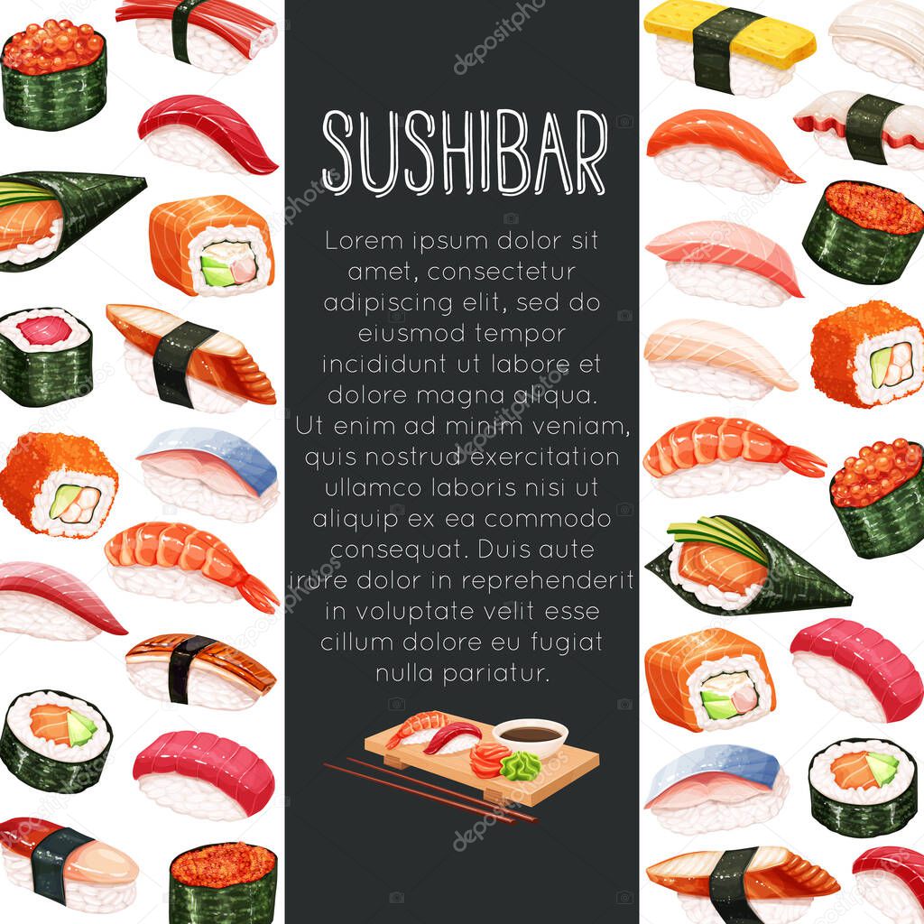 Vector page design japanese sushi roll for asian cuisine promotion template.