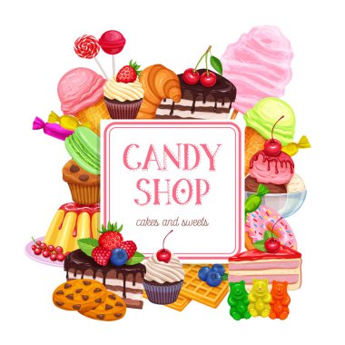 Şekerleme ve tatlıların bayrak tasarım vektörü. Donut ve pamuk şeker, kek, waffle, bisküvi ve jöle. Tatlı, lolipop, şekerli dondurma, makarna ve puding..