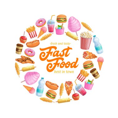 Afişlerin etrafında sokak yemekleri. Kabarcıklı waffle, Hong Kong, sarmal patates cipsi, limonata ve karamelli elmayla servis edilen yemekler. Vektör çizimi fast food patates kızartması, hamburger ya da sosisli sandviç.
