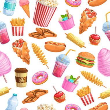 Kusursuz sokak yemeği. Paket yemek ya da balonlu waffle, Hong Kong, patates cipsi, limonata ve elmalı karamel, hamburger ve sosisli sandviç. Vektör illüstrasyonu.