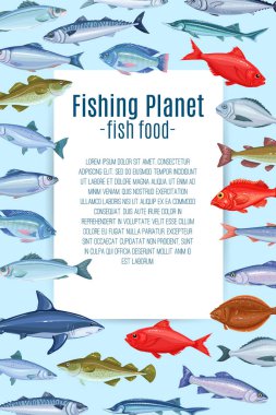 Balıklarla vektör sayfası tasarımı. Somon, ançüez, morina balığı, levrek, okyanus levreği ve sardalya içeren deniz ürünleri posteri tasarımı. Icon uskumru, ringa, dorado, ton balığı, halibut, tilapia ve alabalık.