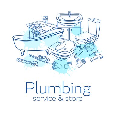 Tesisat servis afişi. El yapımı duş, banyo lavabosu, tuvalet, hijyenik anahtar ve tesisat tasarımı için musluk. Suluboya damlaları ile kabartma vektör illüstrasyonuName.