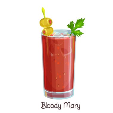 Beyaz üzerine izole edilmiş kereviz ve zeytinli Bloody Mary kokteyli. Renk çizimi yaz alkolü içeceği.