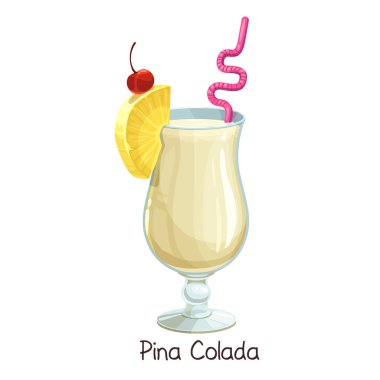 Beyaz üzerine izole edilmiş ananas ve kirazlı pina colada kokteyli. Renk çizimi yaz alkolü içeceği.