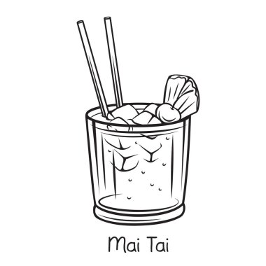 Elle çizilmiş dilimlenmiş ananas ve kirazlı Mai kokteyli. Retro illüstrasyon yaz alkolü.