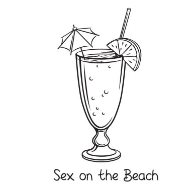 Plajda seksin vektör camı retro el çizimi tarzında tropikal kokteyl. Retro illüstrasyon yaz alkolü.