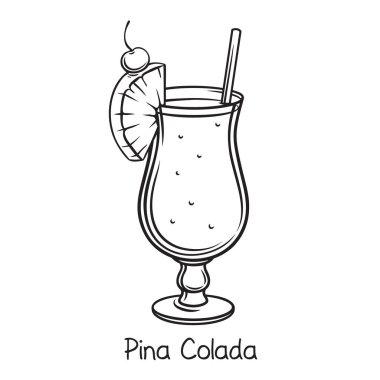 Dilimlenmiş ananas ve vişneli eski el çizimi pina colada kokteyli. Renk çizimi yaz alkolü içeceği