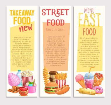 Sokak yemeği afişleri. Kabarcıklı waffle, Hong Kong, sarmal patates cipsi, limonata ve karamelli elmayla servis edilen yemekler. Vektör çizimi fast food patates kızartması, hamburger ya da sosisli sandviç..