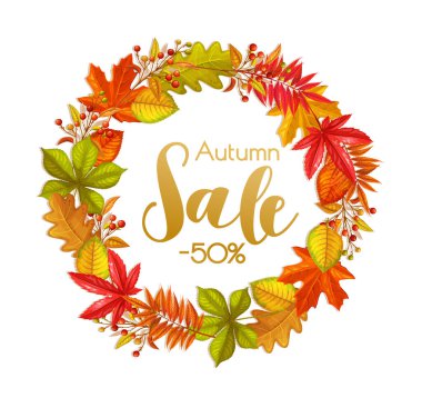 Mevsimlik merhaba yuvarlak bayrak ya da çerçeve sonbahar yapraklı akçaağaç, meşe, karaağaç, kestane, rhus tifinası ve sonbahar meyveleri reklam mağazası için.